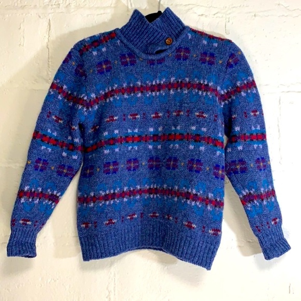 VTG 80s L.L.Bean Blue Collared Fair Isle Wool Sweater Sz S
